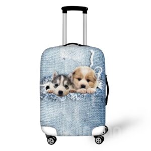 3D Two Baby Dogs Hidding in the Pocket Painted Luggage Protect Cover