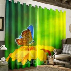 3D Butterfly on the Golden Flower Printed 2 Panels Living Room and Bedroom Curtain