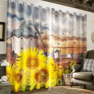 Vivid Golden Sunflowers and Flying Birds Printed 2 Panels Living Room Curtain