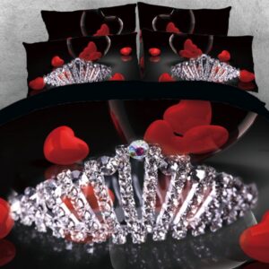 3D Diamonds Crown and Red Heart Printed 4-Piece Bedding Set/Duvet Cover Set Black
