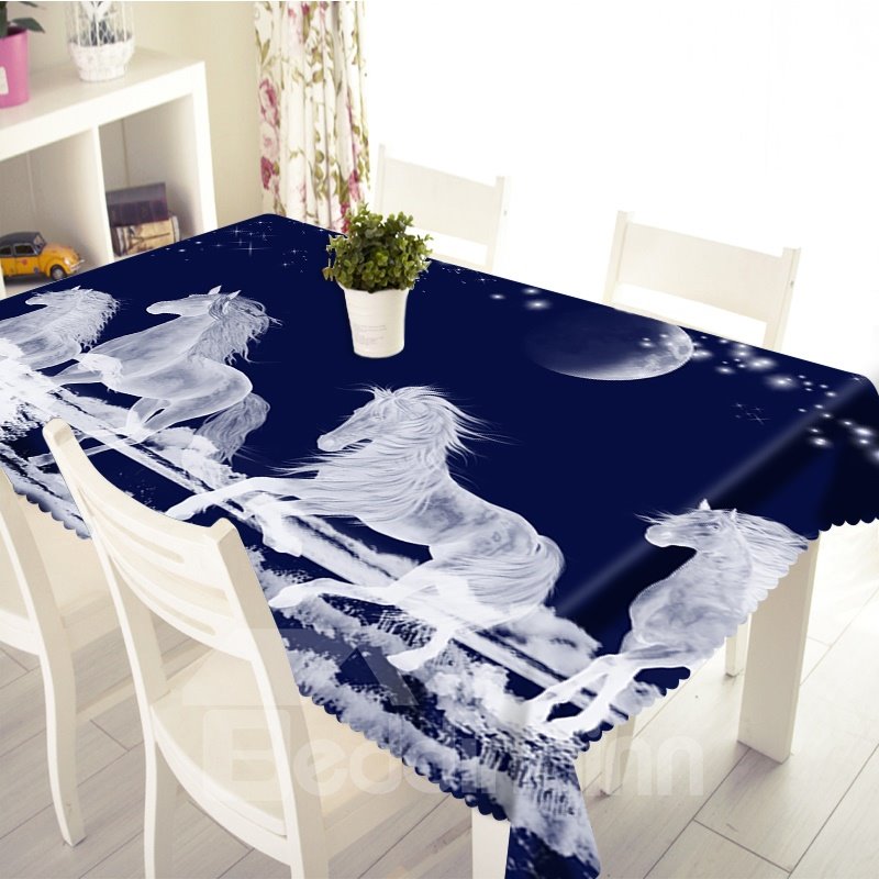 3D White Horses Running in Night Sky Printed Thick Polyester Table Cover Cloth - Image 6