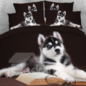 Husky with Book and Glasses 4-Piece 3D Duvet Cover Set Black Dog Bedding Set