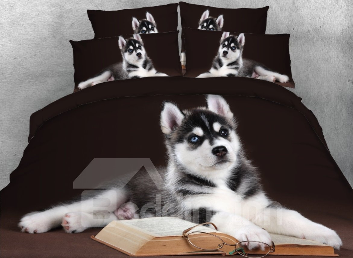 Husky with Book and Glasses 4-Piece 3D Duvet Cover Set Black Dog Bedding Set - Image 2