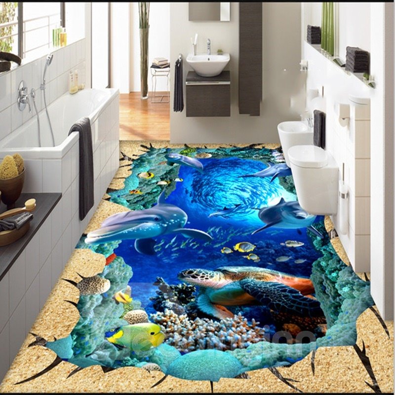 3D Wooden Crack Dolphins and Turtle Pattern Waterproof Nonslip Self-Adhesive Blue Floor Art Murals - Image 6
