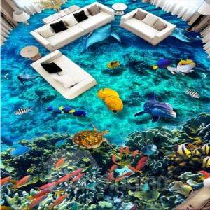 3D Deep Sea Dolphin and Kinds of Fish Pattern Waterproof Nonslip Self-Adhesive Blue Floor Art Murals