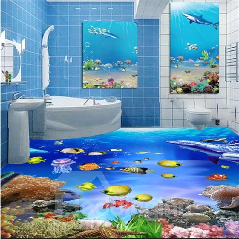 3D Ocean Dolphins and Marine Life Pattern Waterproof Nonslip Self-Adhesive Blue Floor Art Murals - Image 5