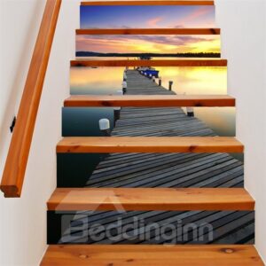 3D Bridge By the Lake 6-Piece PVC Waterproof Eco-friendly Self-Adhesive Stair Mural