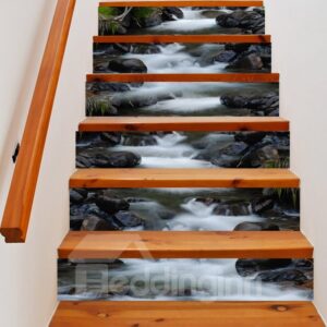 3D Rocks and Flowing Water 6-Piece PVC Waterproof Eco-friendly Self-Adhesive Stair Mural