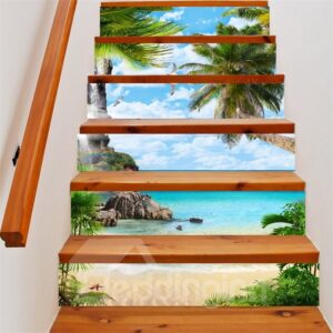 3D Seaside with Coconut Trees 6-Piece PVC Waterproof Eco-friendly Self-Adhesive Stair Mural
