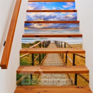 3D Blue Sky and Bridge 6-Piece PVC Waterproof Eco-friendly Self-Adhesive Stair Mural