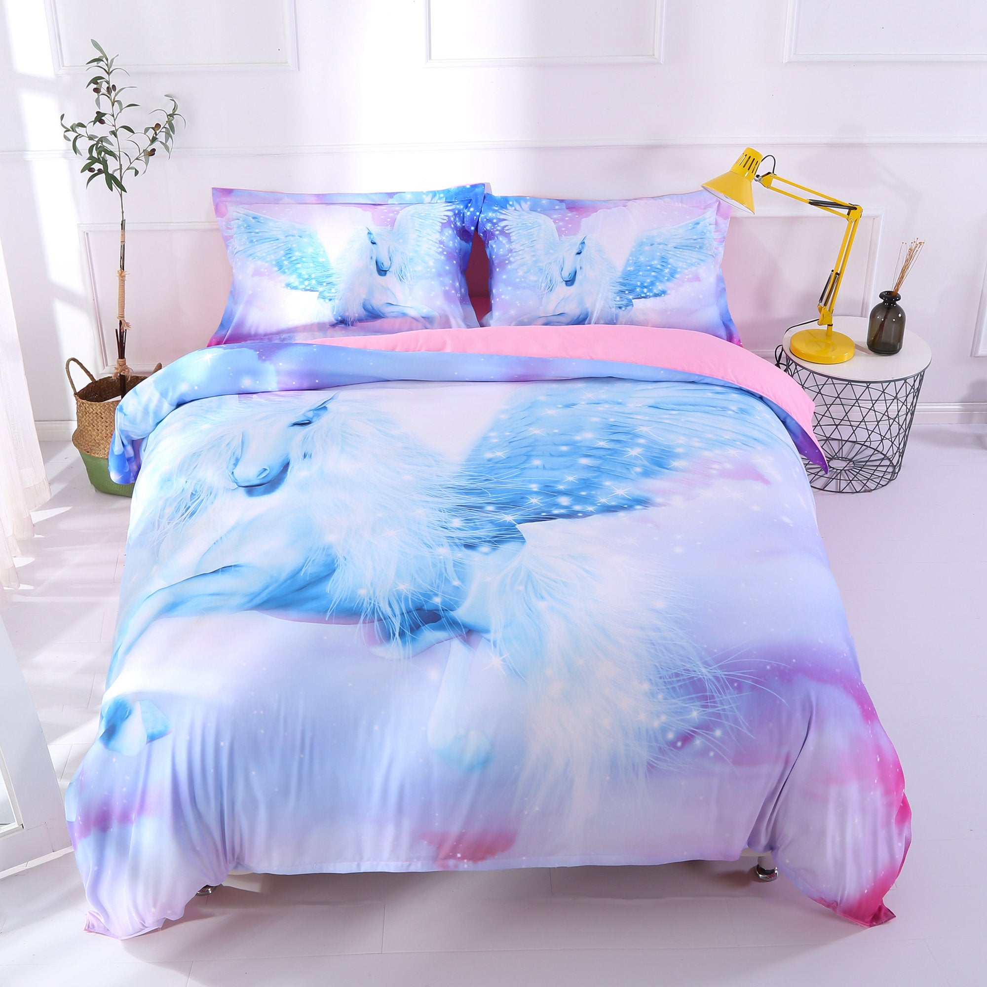 Unicorn Bedding White Unicorn with Wings Printed 4-Piece Duvet Cover Set with Flat Sheet Pillowcases