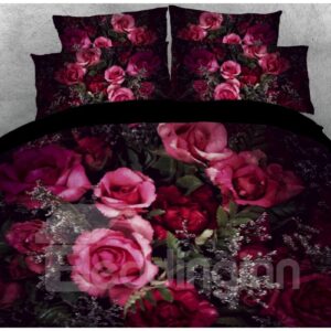 3D Romantic Roses Duvet Cover Set 4-Piece Bedding Set with Non-slip Ties with Durable Soft Sheet and Pillow Covers for Bedroom