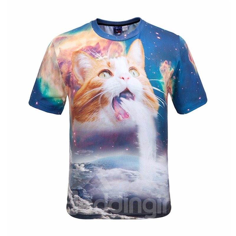 Charming Round Neck Waterfall Cat Pattern 3D Painted T-Shirt - Image 3
