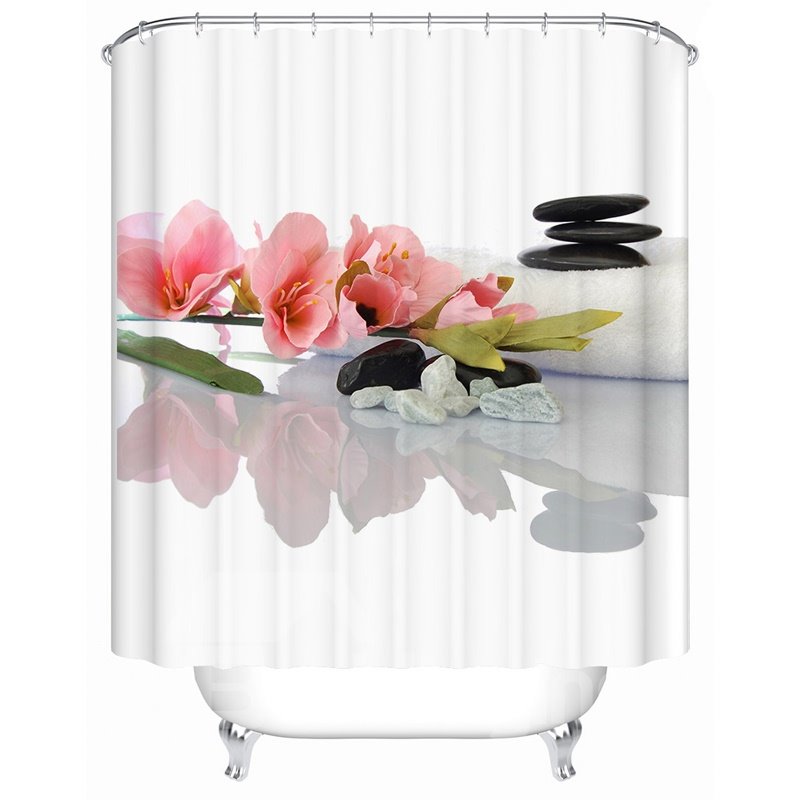 Pink Flower Pattern Polyester Material Moist Resistant Shower Curtain - Image 2