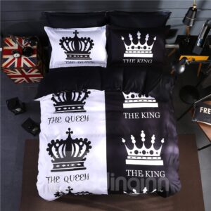 Lovers The Queen & The King Design Black & White 4-Piece Bedding Set/Duvet Cover Set Polyester