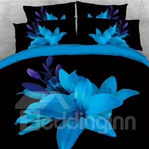 Blue Flower Blooming in the Dark 3D 4-Piece Bedding Sets/Duvet Cover Set Black Background Microfiber
