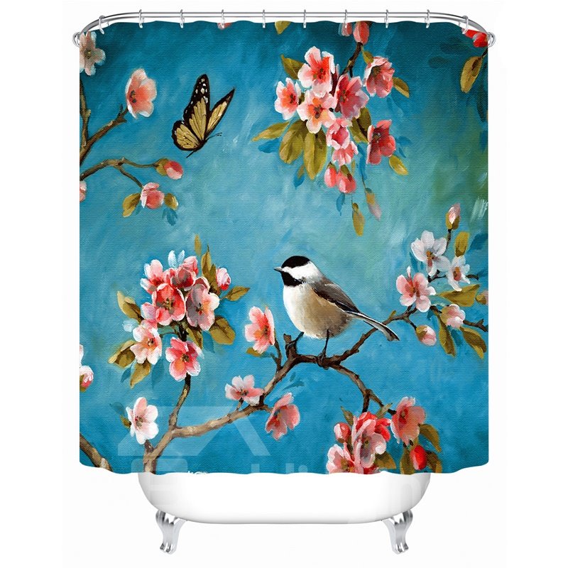 Bird&Flower Pattern Polyester Material Mildew Resistant Bathroom Shower Curtain - Image 3