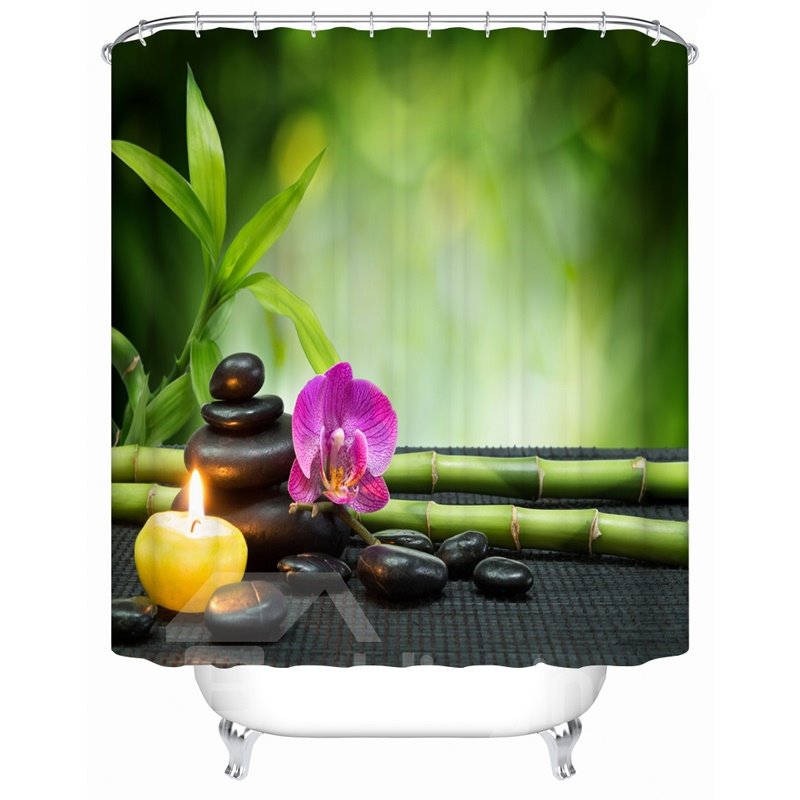 Butterfly Orchid Pattern Polyester Material Mildew Resistant Bathroom Shower Curtain - Image 3