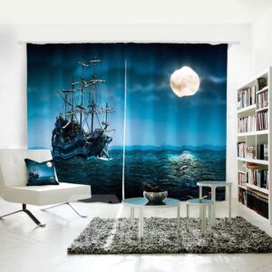 Blue Moon Sailing Sea Pattern Room Darkening 3d Curtain