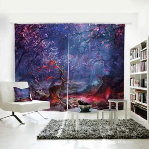 Red Floral Pattern Blue Background 3D Polyester Curtain
