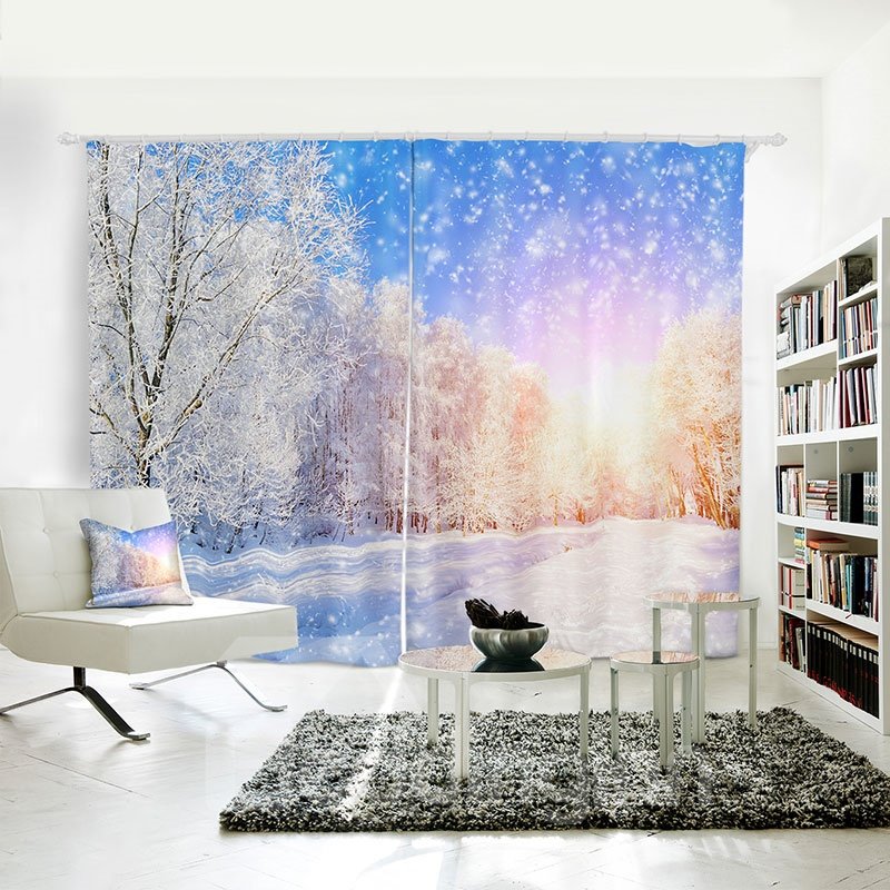Blue Sky White Snow and Tree 3D Polyester Curtain - Image 3