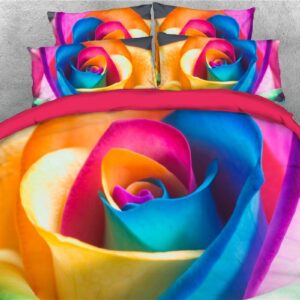 Colorful Rose 4-Piece 3D Floral Bedding Set/Duvet Cover Set Ultra Soft Comforter Cover with Zipper Closure and Corner Ties 2 Pillowcases 1 Flat Sheet 1 Duvet Cover Microfiber