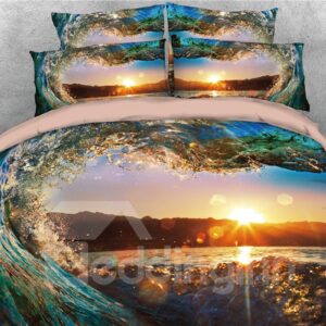 Water Heart-shaped Sunset Scenery Printing 3D 4-Piece Bedding Set/Duvet Cover Set Microfiber