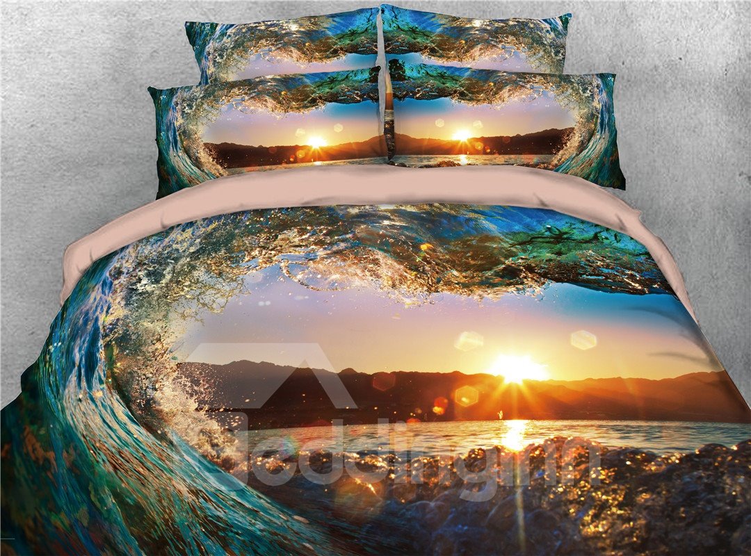 Water Heart-shaped Sunset Scenery Printing 3D 4-Piece Bedding Set/Duvet Cover Set Microfiber - Image 2