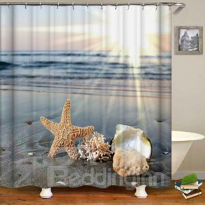 Blue Sea Yellow Starfish Waterproof Bathroom Curtain