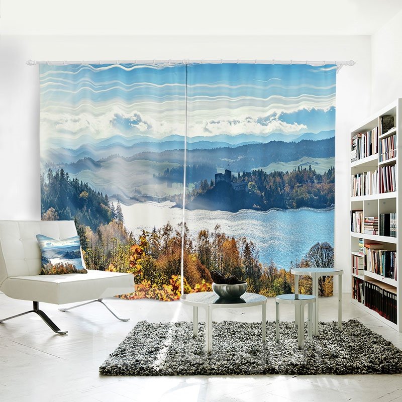 Blue Sky Lake Mountain Room Darkening 3D Curtain - Image 4