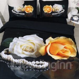 3D White and Yellow Rose Digital Printing Polyester 4-Piece Black Bedding Sets/Duvet Covers
