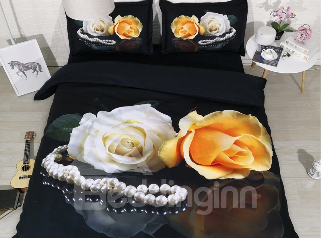 3D White and Yellow Rose Digital Printing Polyester 4-Piece Black Bedding Sets/Duvet Covers - Image 3