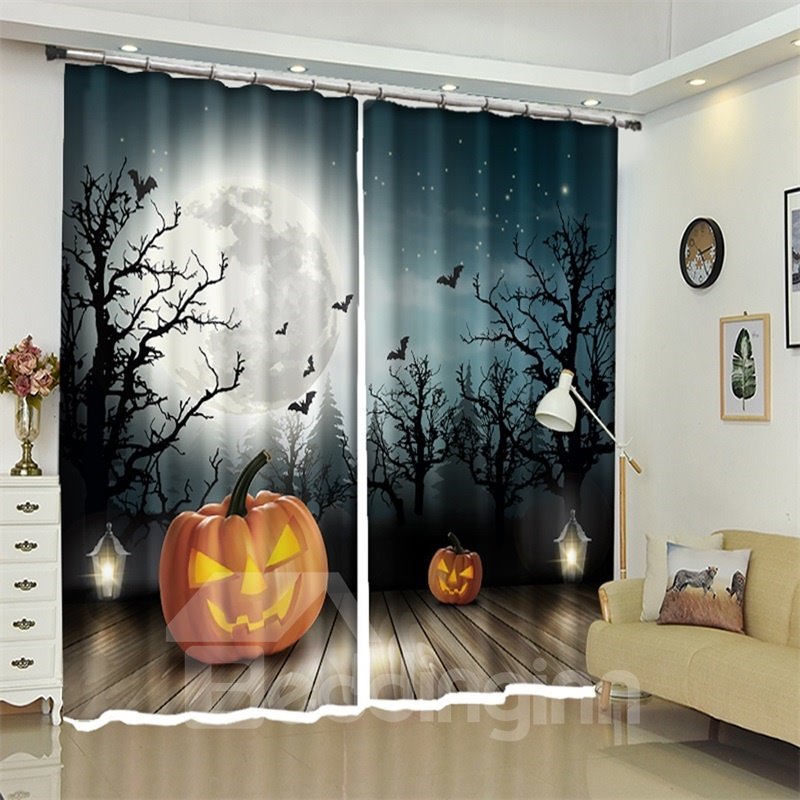 3D Polyester Moonshine And Pumpkin Halloween Scene Curtain for Kids Room/Living Room - Image 4