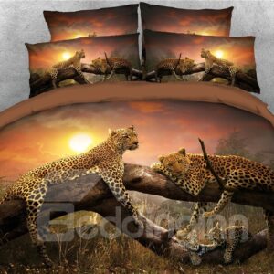 3D Leopard Family Relaxing on the Sunset Digital Printed 4-Piece Bedding Sets/Duvet Covers