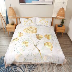 Luxurious Golden Rose Printing 3D Floral Bedding Set 4-Piece Duvet Cover Set High-Quality Microfiber Soft Skin-friendly Wear-resistant No-fading