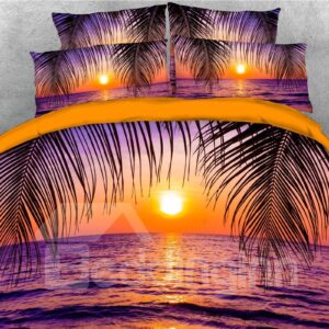 3D Sea Scenery Red Sunset 4-Piece Bedding Set/Duvet Cover Set