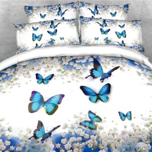 Blue Butterflies and Flowers Print 3D 4-Piece Duvet Cover Set/Bedding Set White