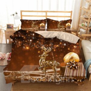 Golden Reindeer and Ornaments Printing 4-Piece 3D Christmas Bedding Set/Duvet Cover Set Polyester
