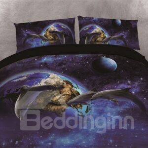 Three Dolphins and Blue Galaxy Planet Printing Polyester 4-Piece 3D Bedding Sets/Duvet Covers