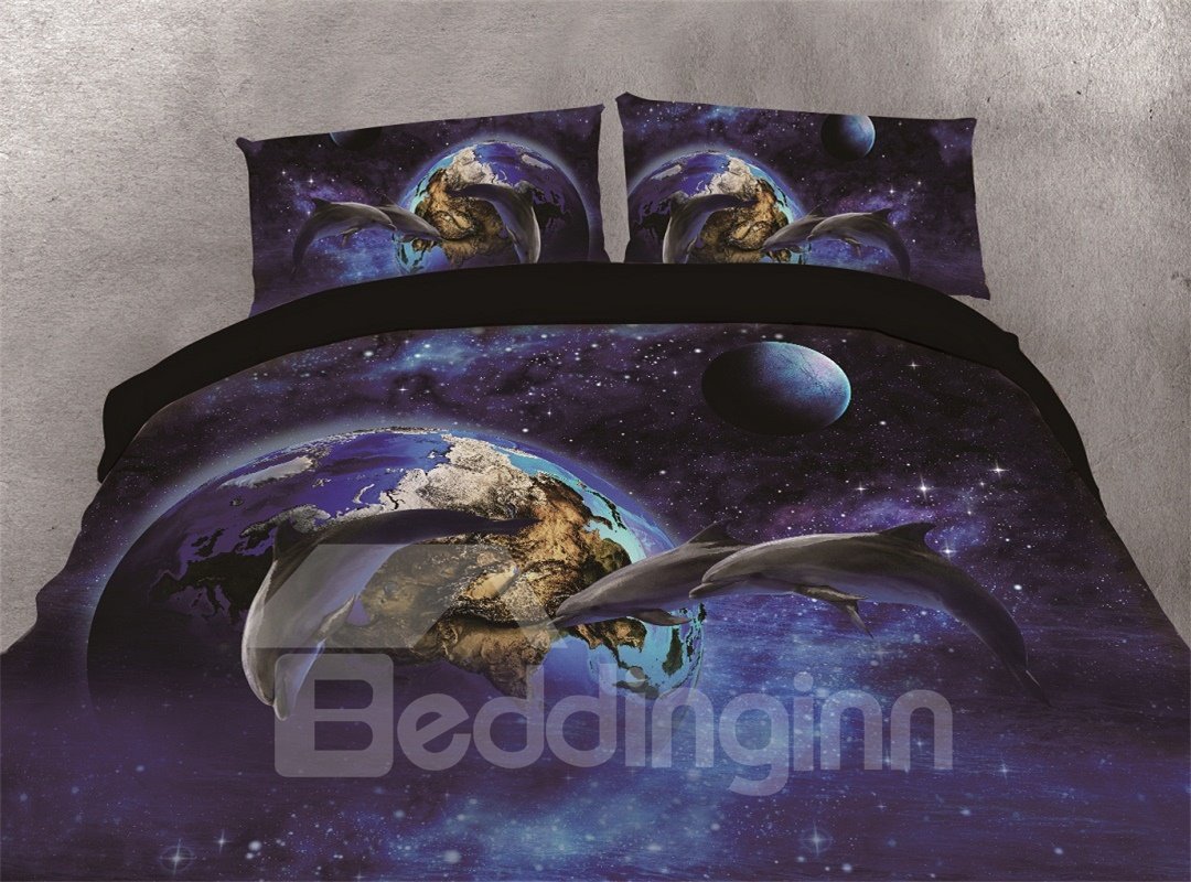Three Dolphins and Blue Galaxy Planet Printing Polyester 4-Piece 3D Bedding Sets/Duvet Covers - Image 5