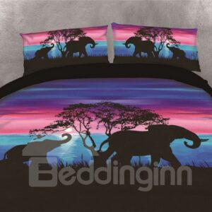 Elephants Walking Under the Sunset Watercolor Printing Polyester 4-Piece 3D Bedding Sets/Duvet Covers