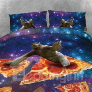 Sloth and Pizza Galaxy Printing 4-Piece Polyester 3D Bedding Sets/Duvet Covers