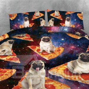 Bulldog and Pizza Galaxy Printing 4-Piece 3D Bedding Sets/Duvet Covers