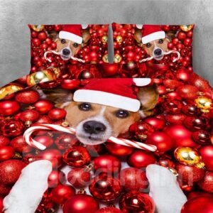 Dog Wearing Christmas Hat and Red Ornaments Printing 4-Piece 3D Bedding Sets/Duvet Covers