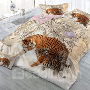 Tigers and Snow Wear-resistant Breathable High Quality 60s Cotton 4-Piece 3D Bedding Sets