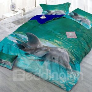 Dolphins Swimming in Sea Wear-resistant Breathable High Quality 60s Cotton 4-Piece 3D Bedding Sets