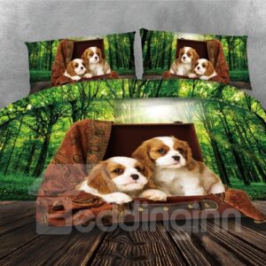 Dogs and Green Forest Printing Polyester 4-Piece 3D Bedding Sets/Duvet Covers