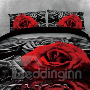 Red Rose and Water Black Printing Polyester 4-Piece 3D Bedding Sets/Duvet Covers