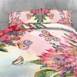 Pink Flowers and Butterfly Printing Polyester 4-Piece Bedding Sets/Duvet Covers Colorfast Wear-resistant Endurable