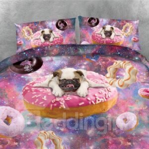 Puppy Dog and Doughnut Galaxy Printing Polyester 4-Piece Bedding Sets/Duvet Covers Wear-resistant Endurable Skin-friendly All-Season